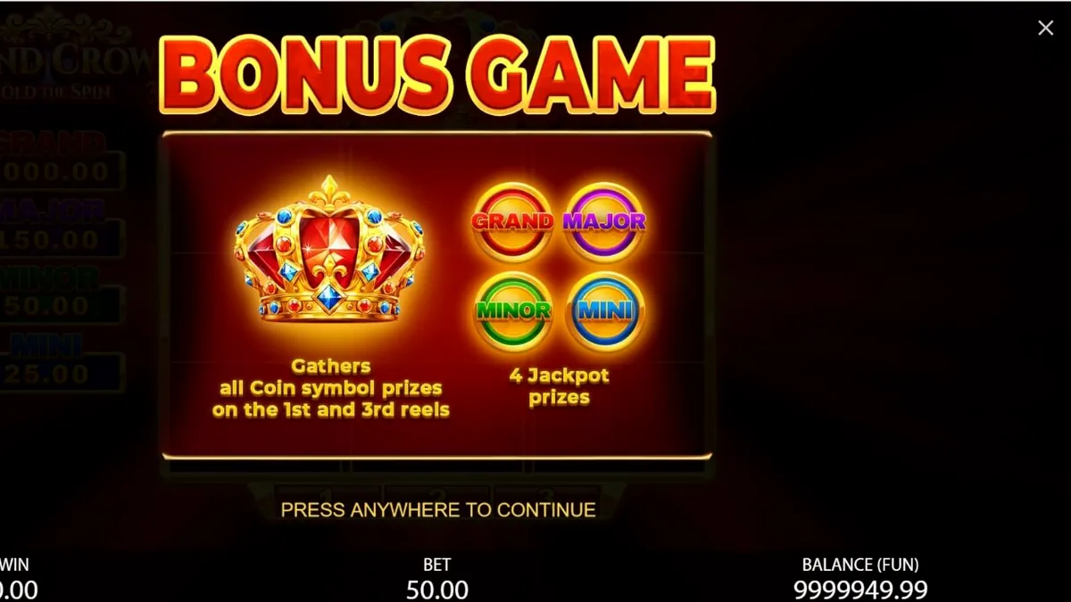 Tampilan visual slot 3x3 Grand Crown dengan tema kerajaan dan simbol buah klasik.