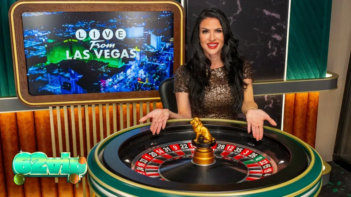 Meja live dealer kasino dengan suasana kasino Las Vegas yang mewah